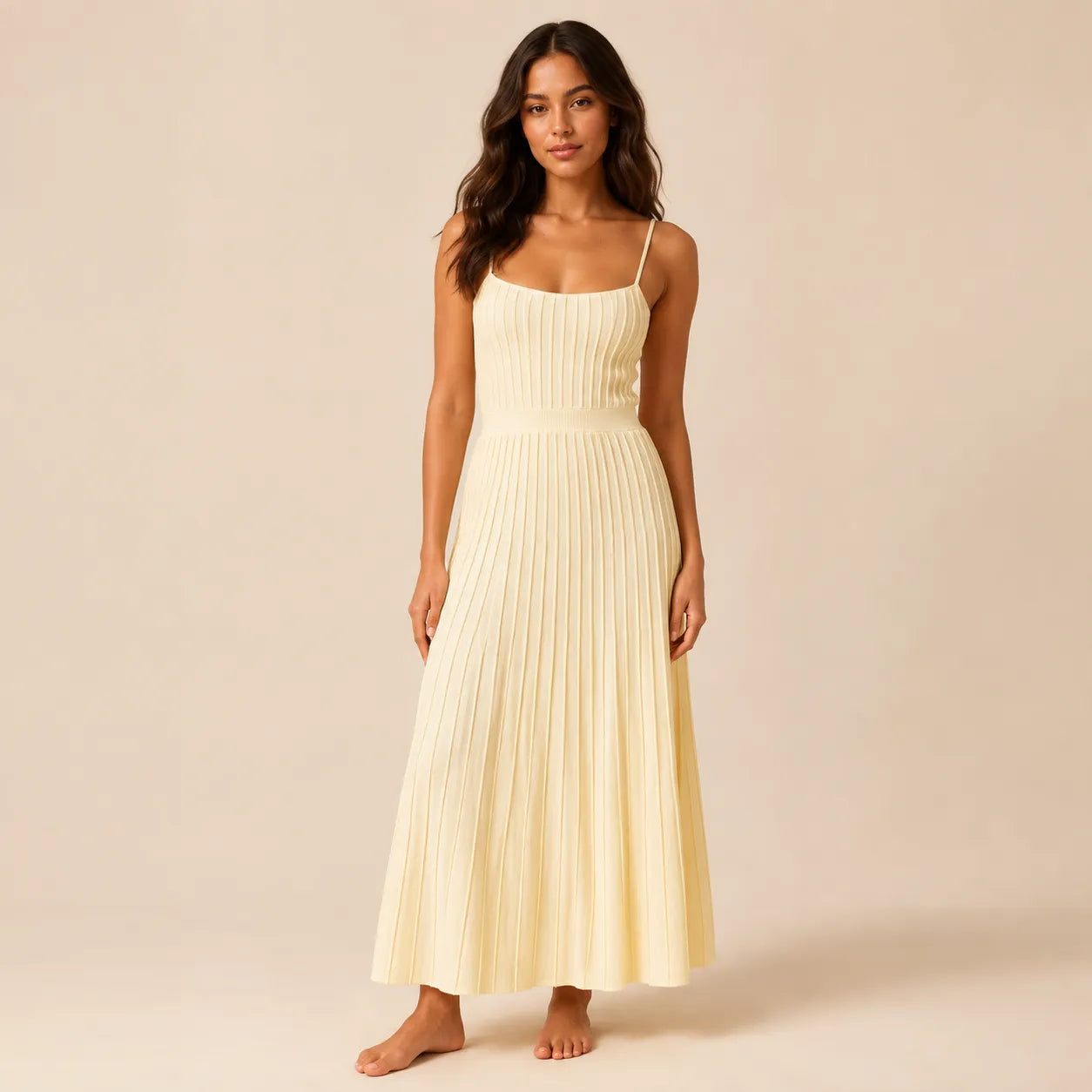 Vestido Feminino Midi Plissado Alça Fina amarelo