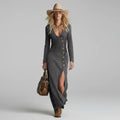 Vestido Longo Jeans Decote V com Botões e Fenda Vistella