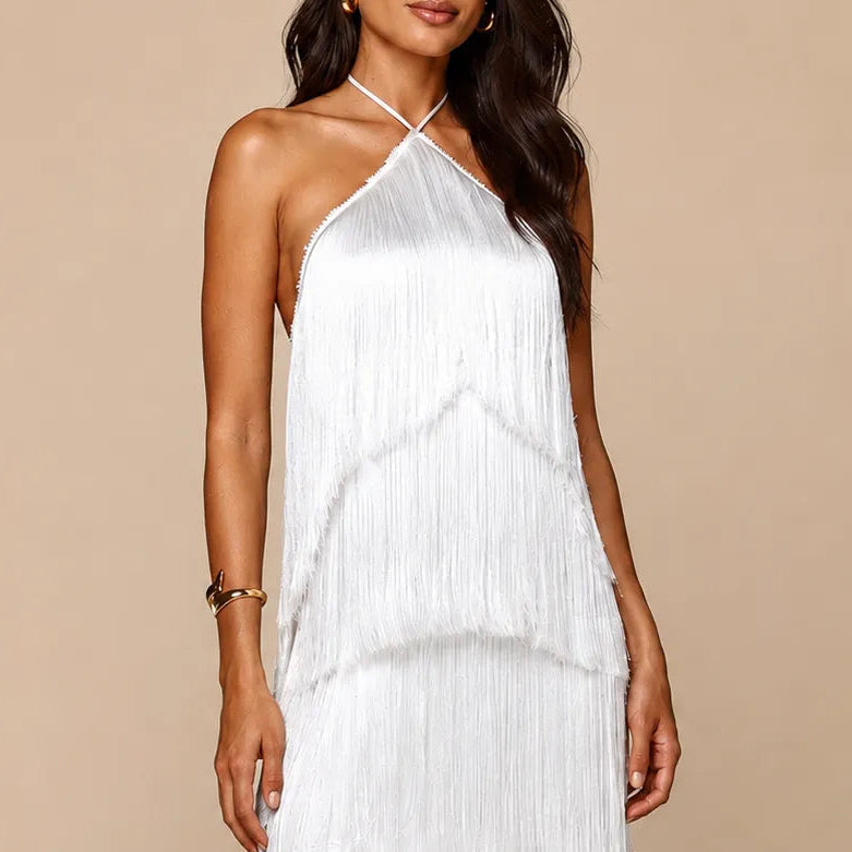 Vestido de Festa Longo em Franjas Frente Única - Élise
