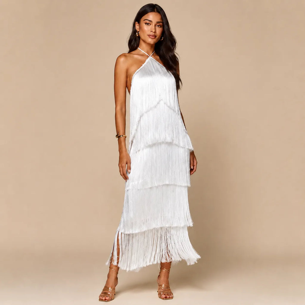 Vestido de Festa Longo em Franjas Frente Única - Élise