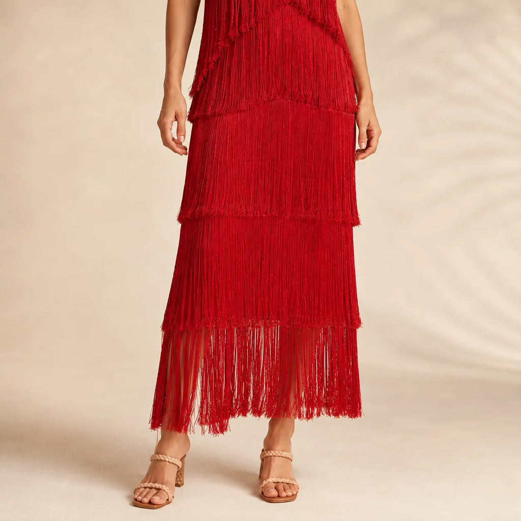 Vestido de Festa Longo em Franjas Frente Única - Élise