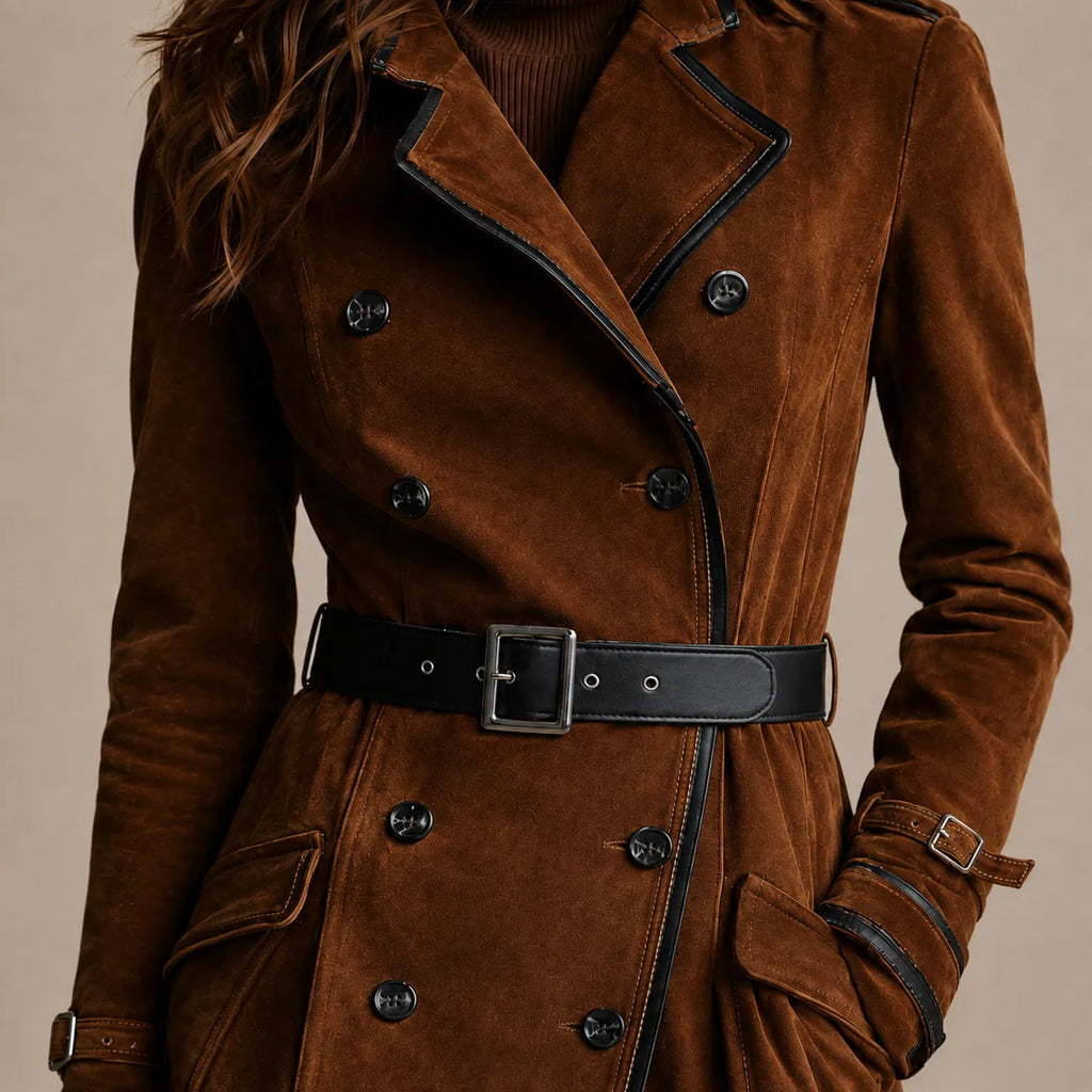 Trench Coat Feminino em Camurça Marrom com Botonadura Dupla – Chelsea
