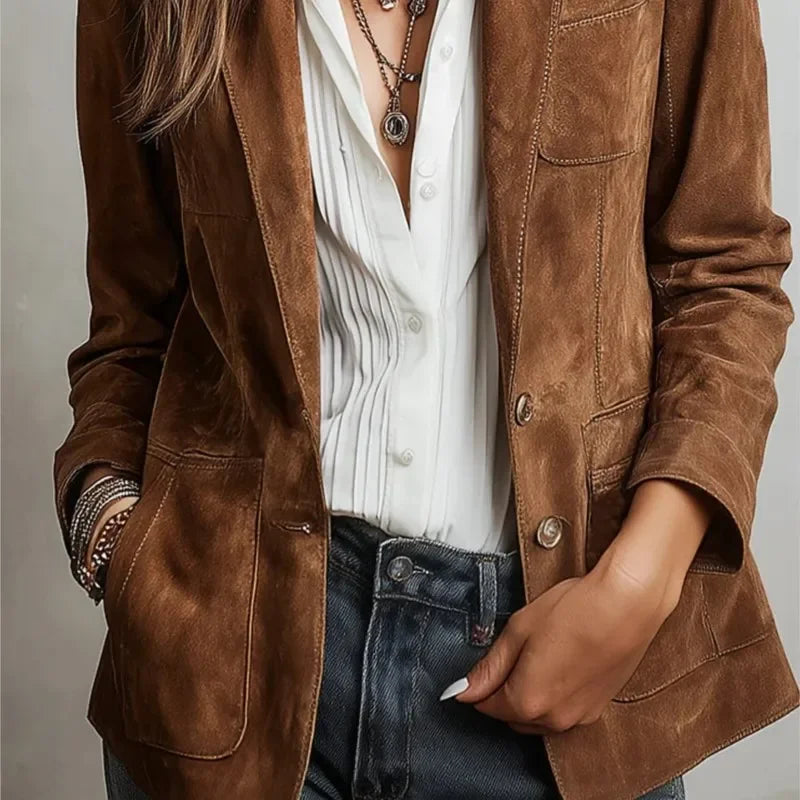 Blazer Feminino em Camurça Gola Lapela Botão Único – Léonie