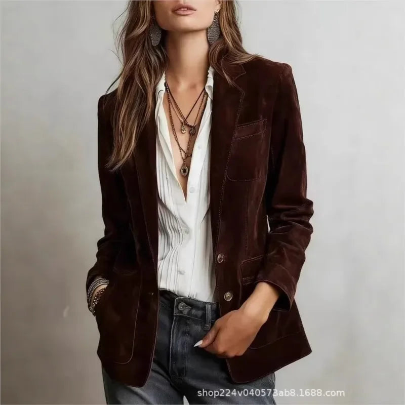 Blazer Feminino em Camurça Gola Lapela Botão Único – Léonie