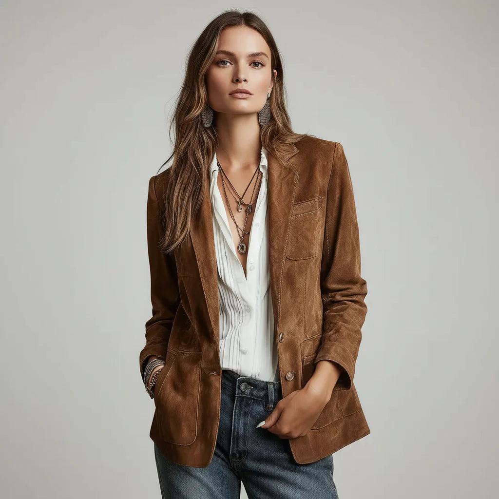 Blazer Feminino em Camurça Gola Lapela Botão Único – Léonie