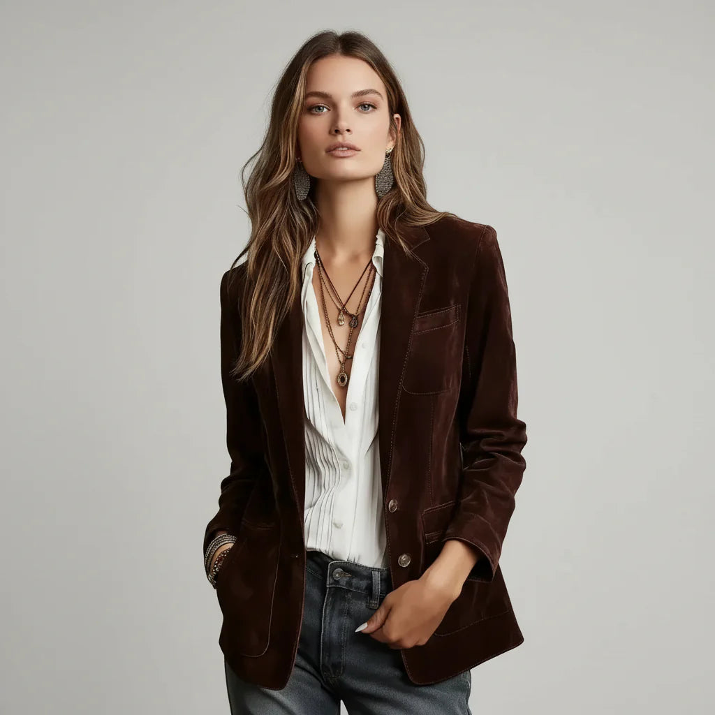 Blazer Feminino em Camurça Gola Lapela Botão Único – Léonie