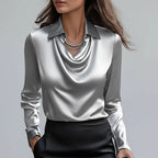 Lenogue Crown Blusa de Cetim Gola Camiseira Decote Drapeado