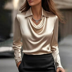 Lenogue Crown Blusa de Cetim Gola Camiseira Decote Drapeado