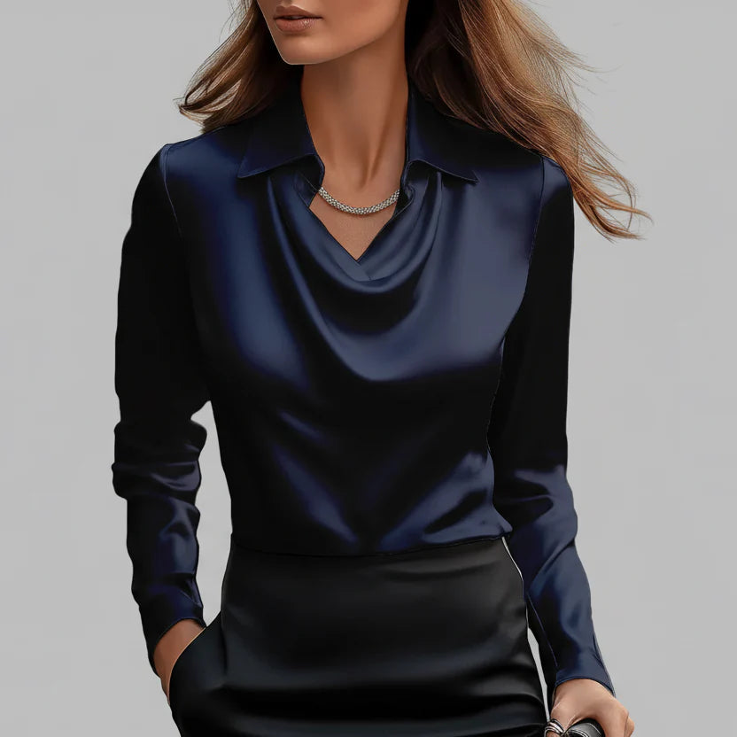 Lenogue Crown Blusa de Cetim Gola Camiseira Decote Drapeado