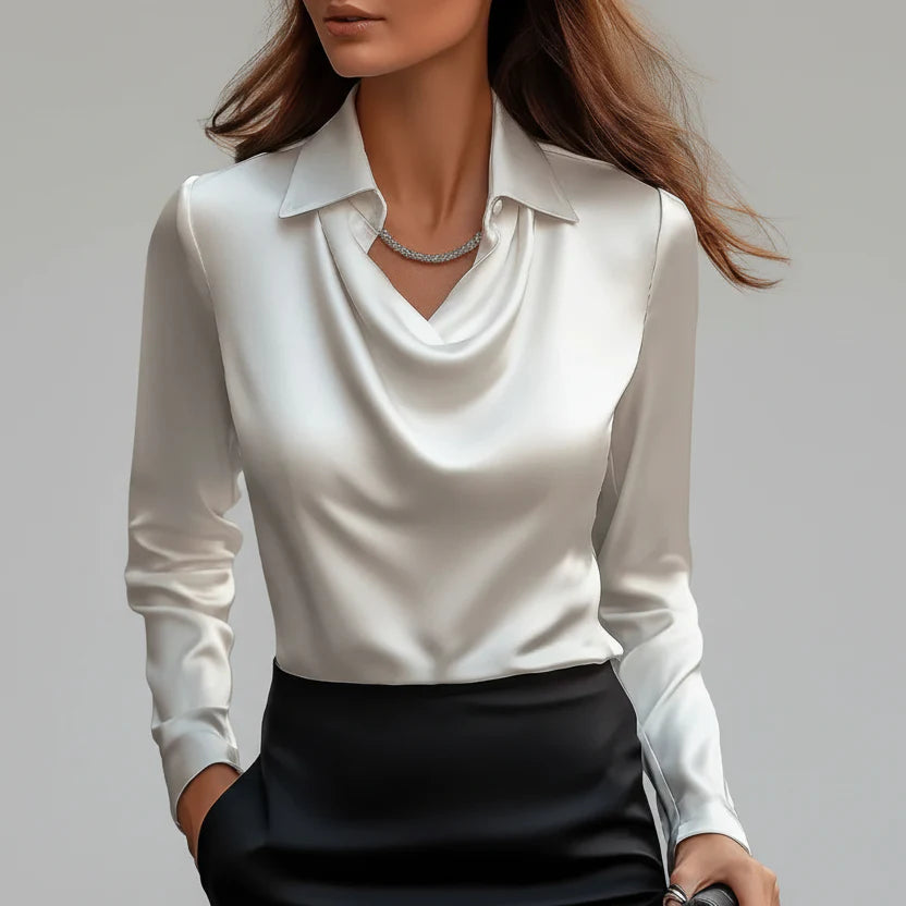 Lenogue Crown Blusa de Cetim Gola Camiseira Decote Drapeado