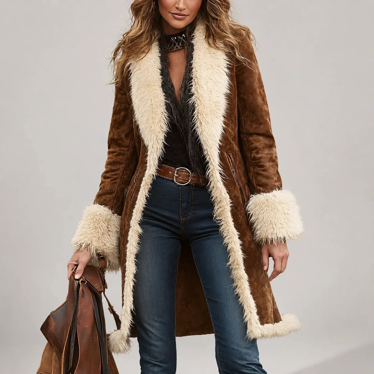 Modelo de casaco longo de camurça marrom com gola e punhos de pelo bege, jeans flare e bolsa de couro