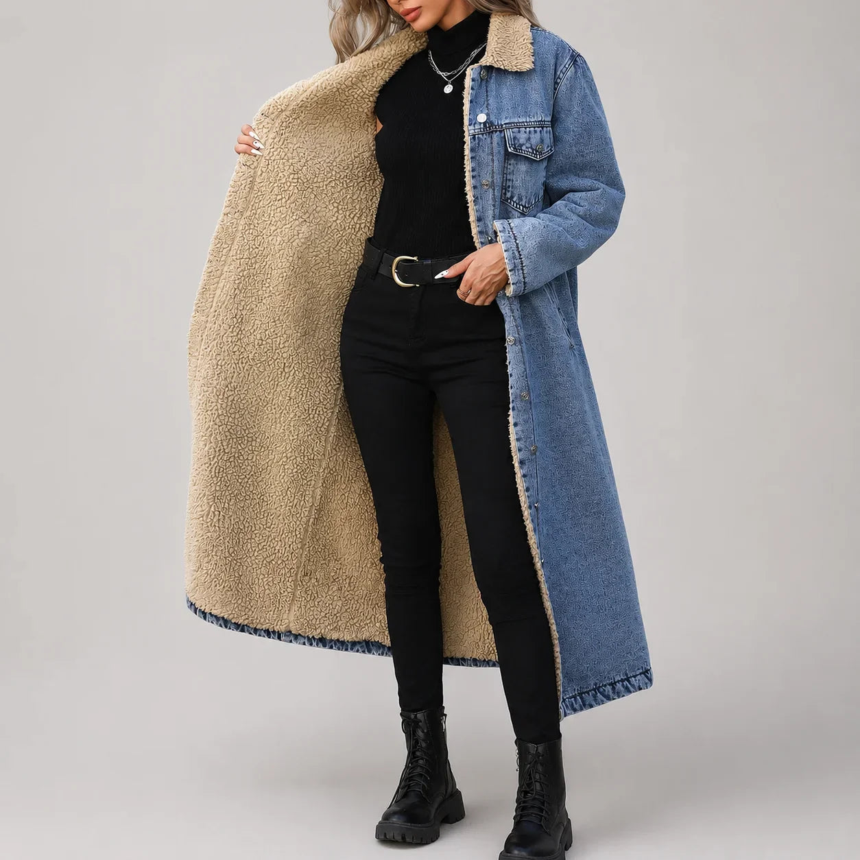 Modelo de casaco jeans azul aberto mostrando o forro de pelúcia bege, com blusa e calça pretas