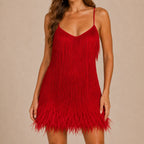 Vestido Feminino Curto de Paetê Franjas e Plumas – Anouk
