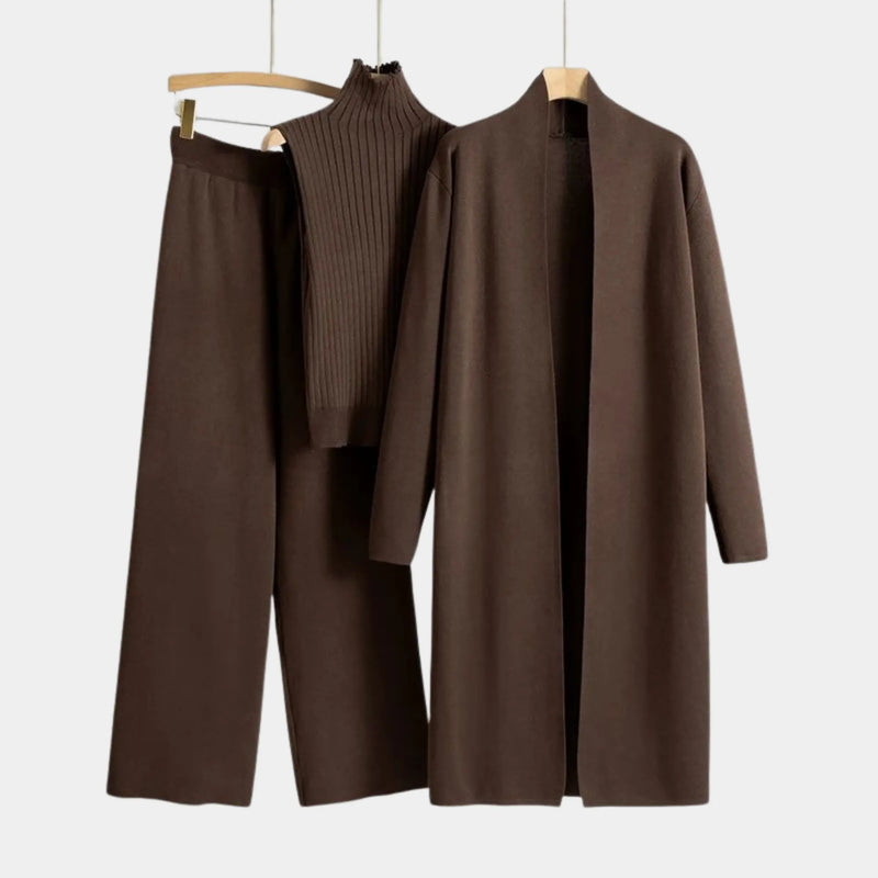 Conjunto Feminino Tricô 3 Peças Cardigan Longo Marrom - Naomi