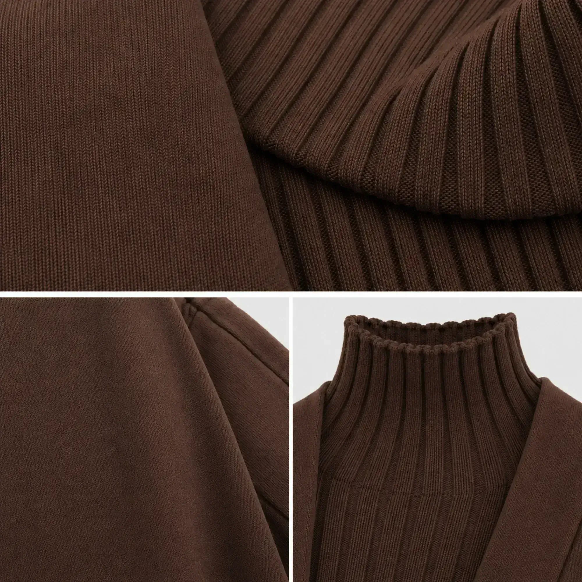 Conjunto feminino elegante na cor marrom com tricô encorpado e visual casual chic