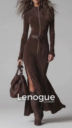 Lenogue Crown Vestido Longo Gola Redonda Zíper e Fenda
