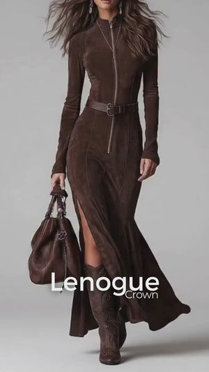 Lenogue Crown Vestido Longo Gola Redonda Zíper e Fenda