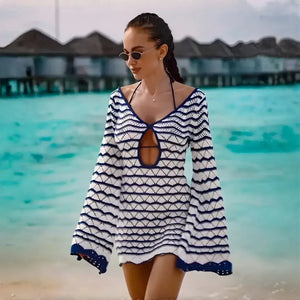 Vestido Saida de Praia Curto Elegante Listrado