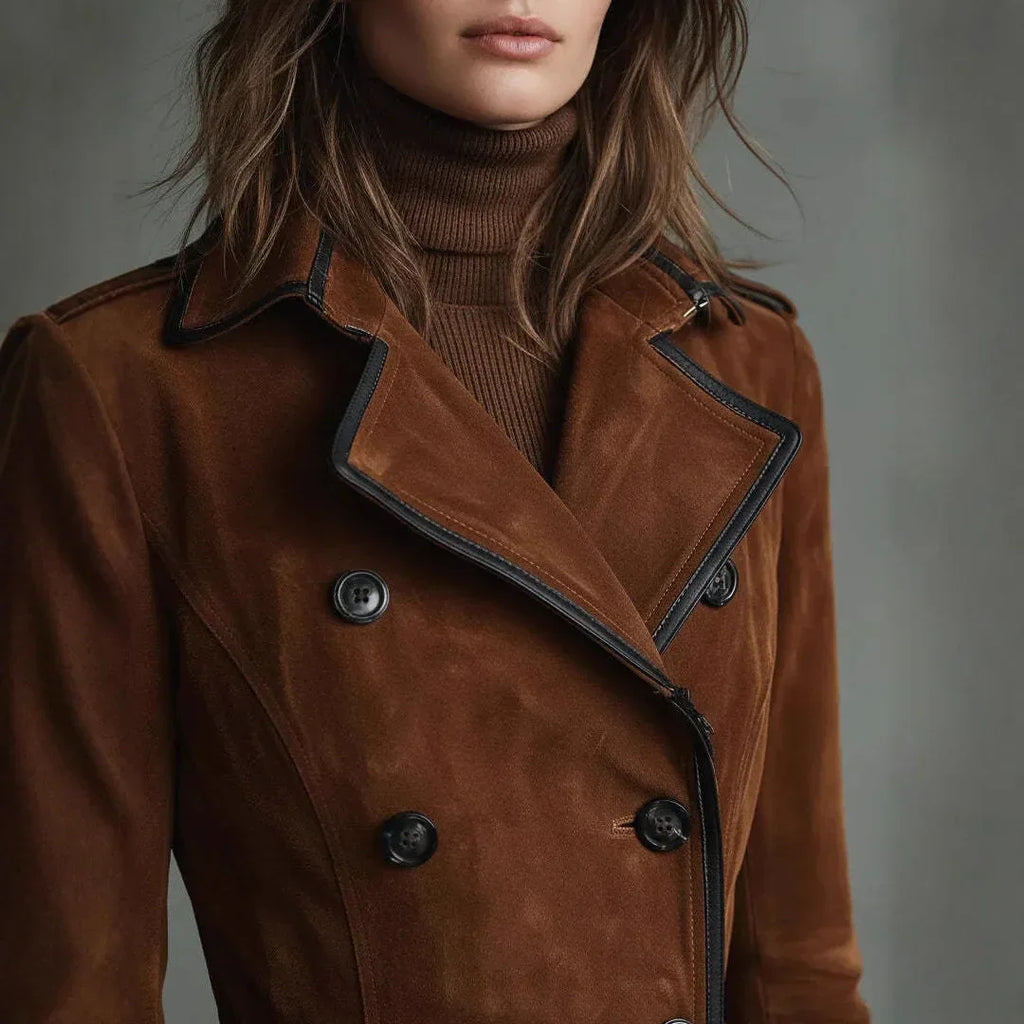 Detalhe da gola lapela do trench coat de camurça marrom com vivo preto, sobre blusa de gola alta bege