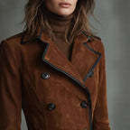 Detalhe da gola lapela do trench coat de camurça marrom com vivo preto, sobre blusa de gola alta bege