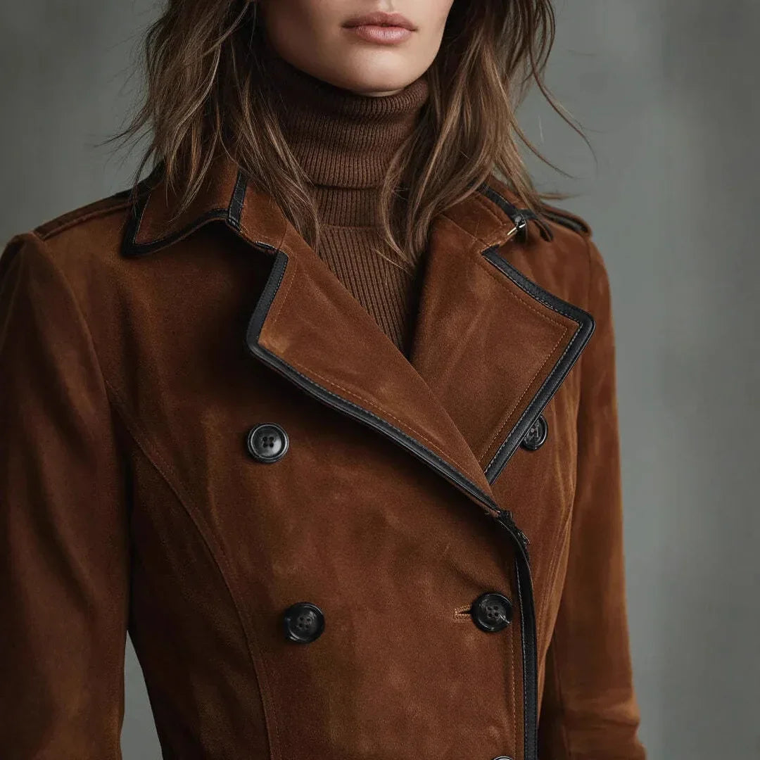 Detalhe da gola lapela do trench coat de camurça marrom com vivo preto, sobre blusa de gola alta bege