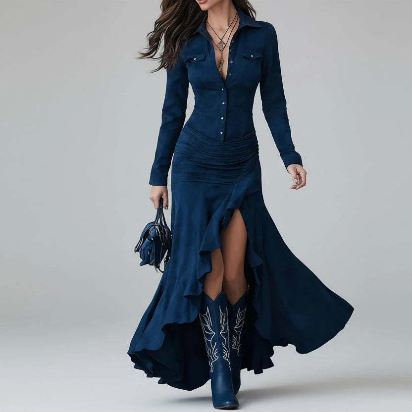 Lenogue Crown Vestido Longo Gola Lapela Babados Botões