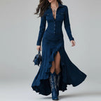 Lenogue Crown Vestido Longo Gola Lapela Babados Botões