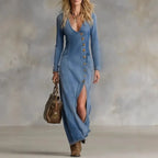 Vestido Longo Jeans Decote V com Botões e Fenda Vistella