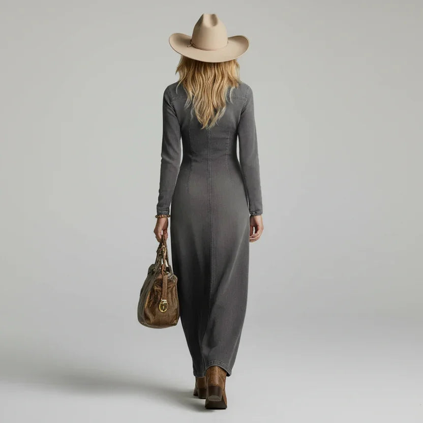 Vestido Longo Jeans Decote V com Botões e Fenda Vistella