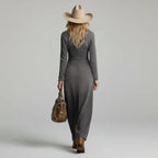 Vestido Longo Jeans Decote V com Botões e Fenda Vistella