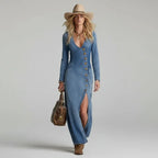 Vestido Longo Jeans Decote V com Botões e Fenda Vistella