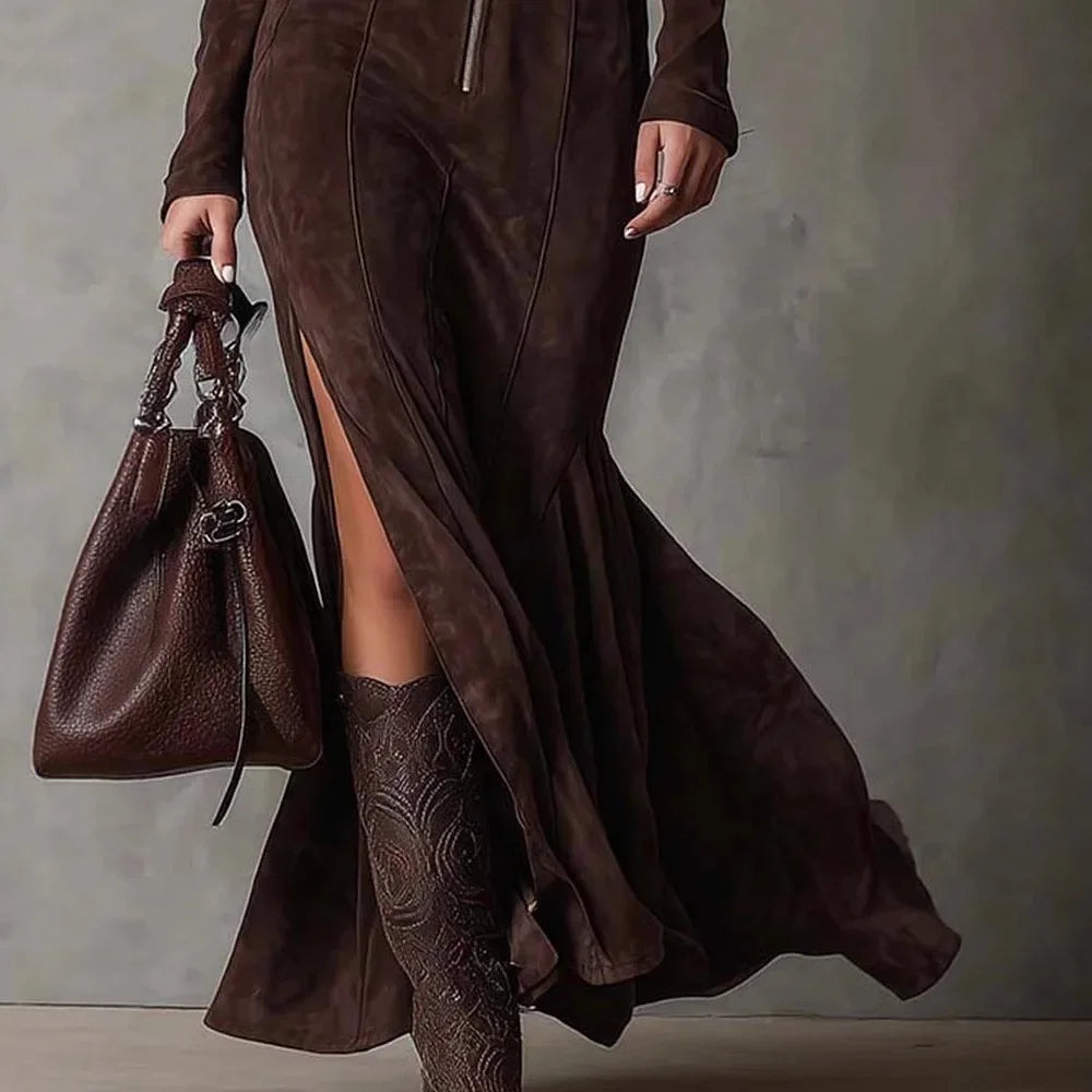 Lenogue Crown Vestido Longo Gola Redonda Zíper e Fenda