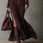 Lenogue Crown Vestido Longo Gola Redonda Zíper e Fenda