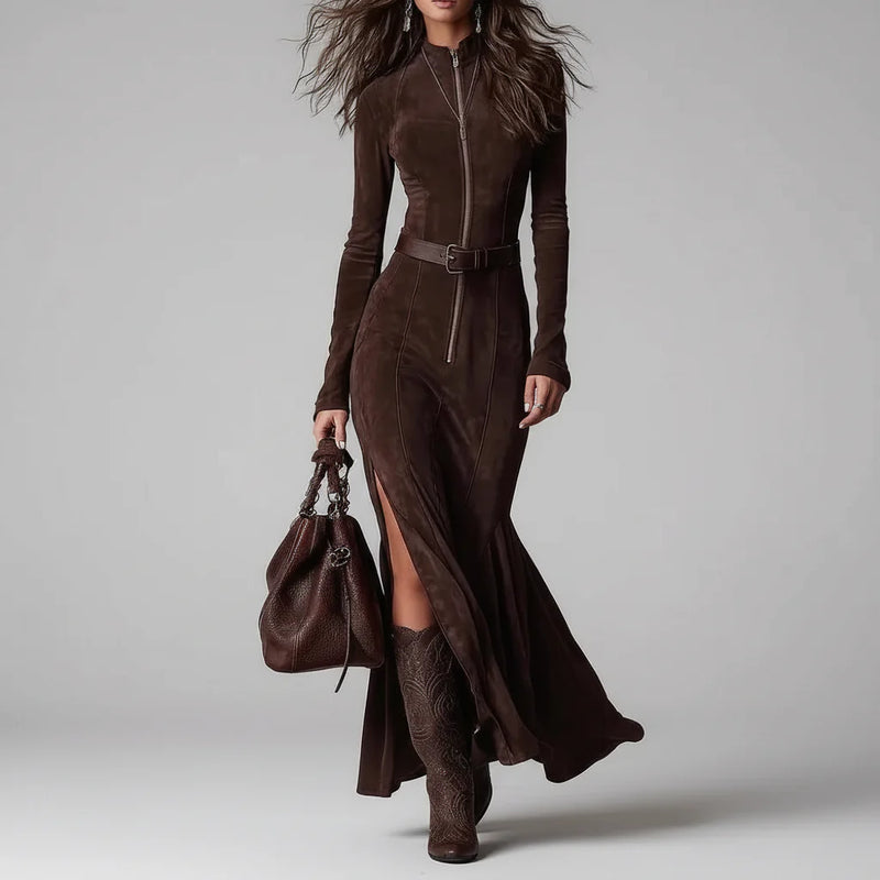 Vestido Longo Urban Zip Vist'ella – Manga Longa com Zíper e Fenda