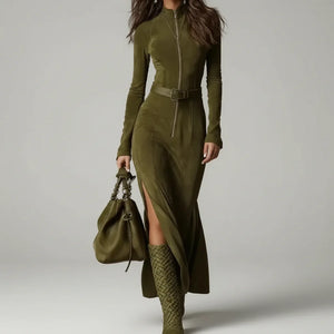 Lenogue Crown Vestido Longo Gola Redonda Zíper e Fenda
