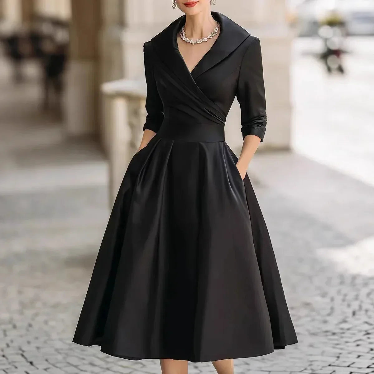 Vestido Midi Gola Lapela Cintura Marcada Manga 3/4 Vistella