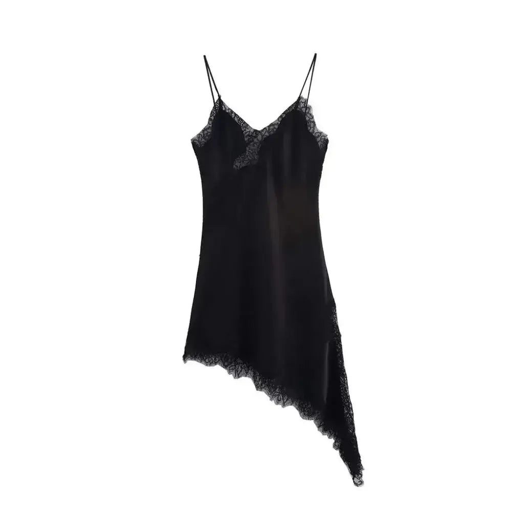 Vestido Slip Dress de Cetim Assimétrico com Renda Feminino