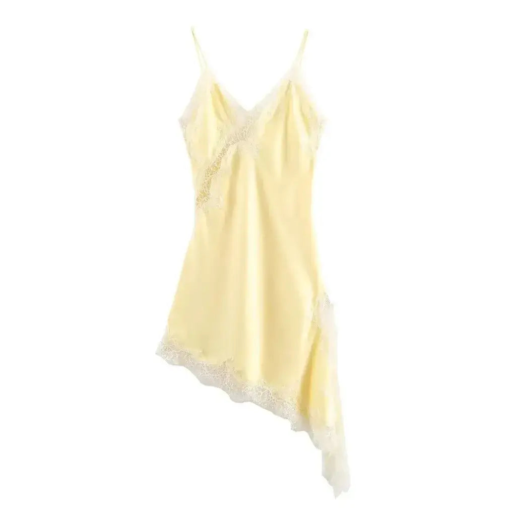 Vestido Slip Dress de Cetim Assimétrico com Renda Feminino