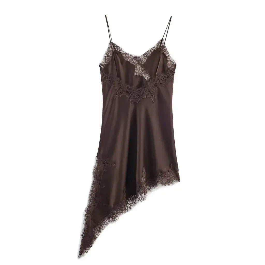 Vestido Slip Dress de Cetim Assimétrico com Renda Feminino